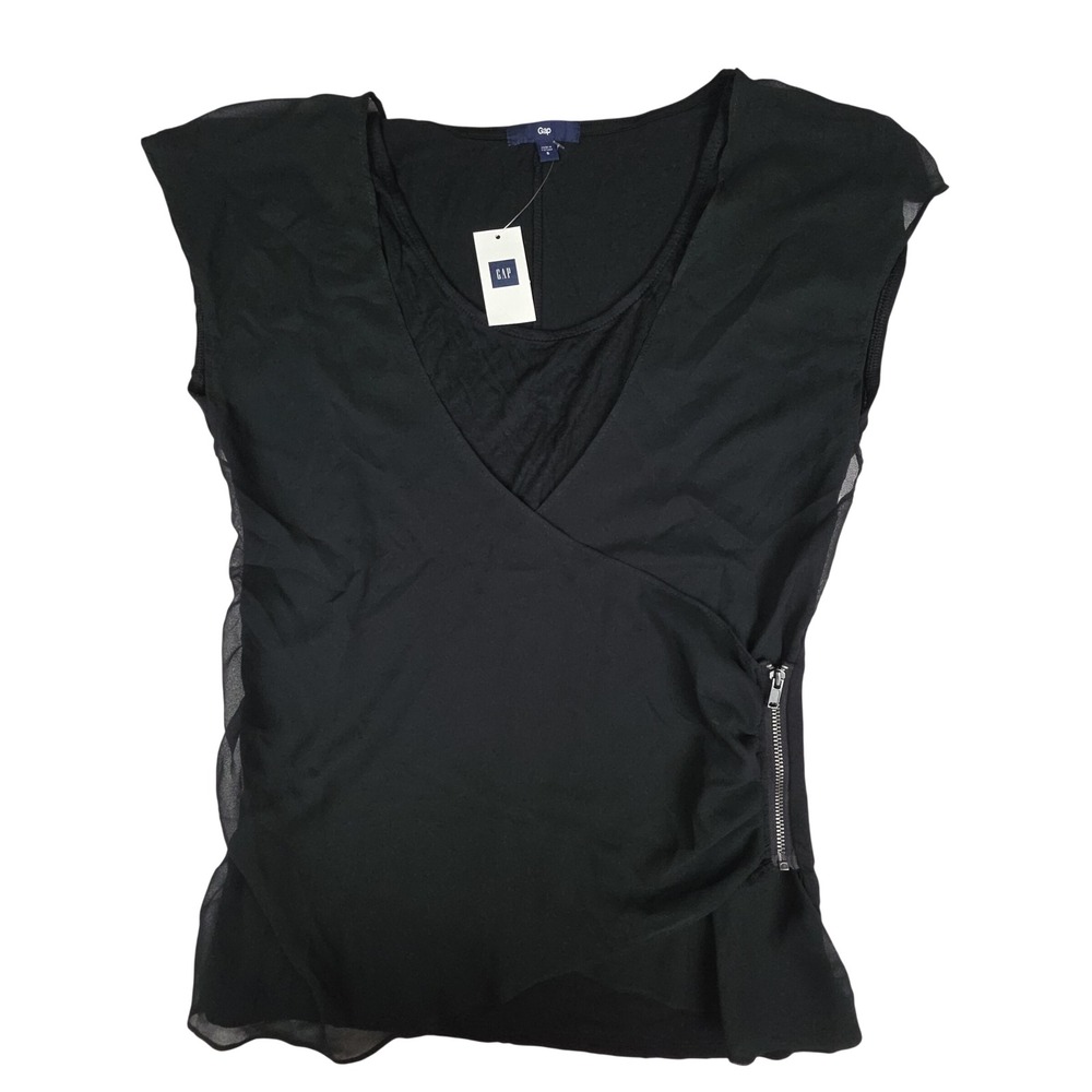 Gap Faux Wrap Side Zip Sleeveless Blouse Women S Black Sheer Overlay Rayon Poly